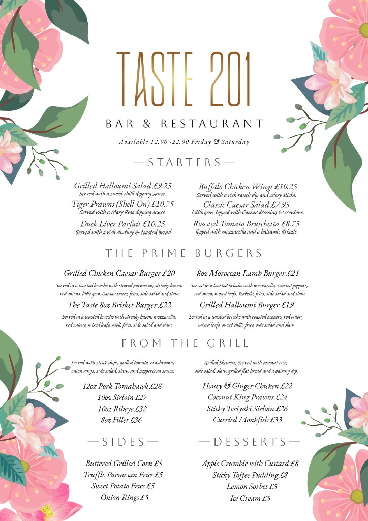 Taste 201 Friday & Saturday menu