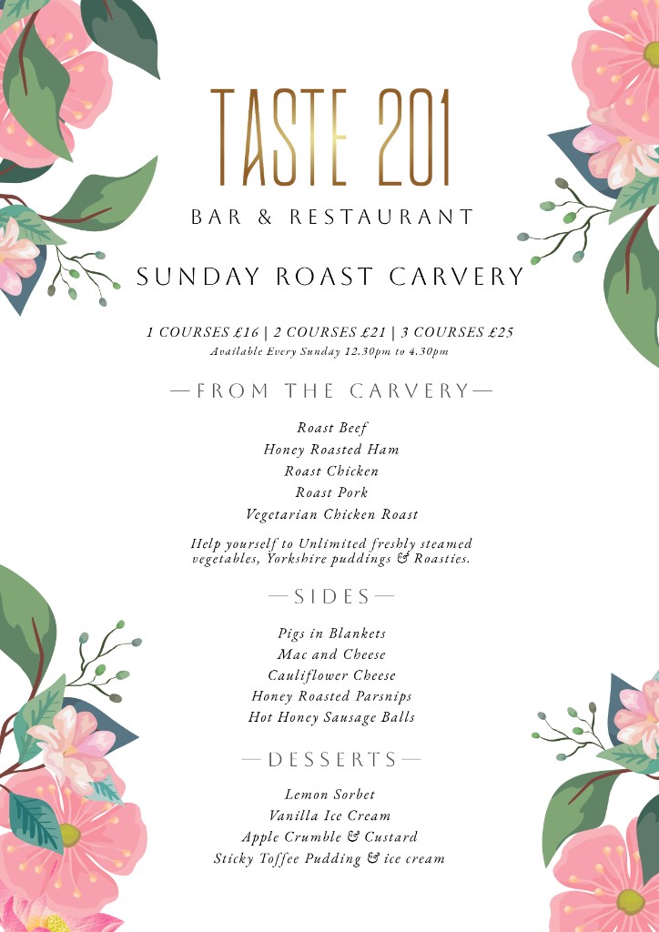 Taste 201 Sunday roast carvery menu